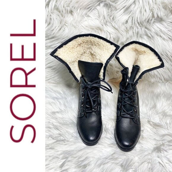 NWOT SOREL After Hours Lace-Up Shearling Waterproof Wedge Boots Black, 9.5 - Picture 5 of 14